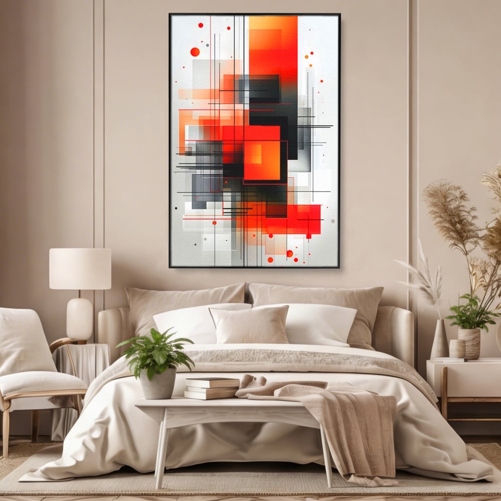 Tablou canvas cu tablou abstract vertical cu linii si forme rosii, in rama de aluminiu negru, pe perete intr-un dormitor